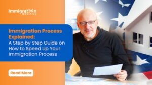 Man holding documents with an American flag background, accompanied by the Immigration Question logo and a headline stating 'Immigration Process Explained: A Step by Step Guide on How to Speed Up Your Immigration Process.