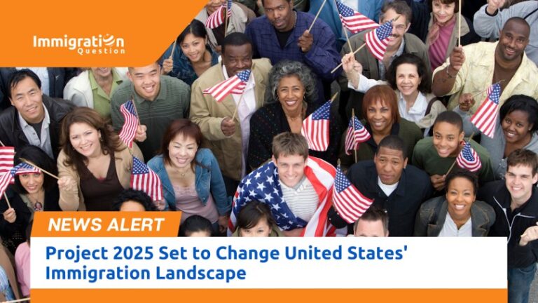 Diverse group of people holding American flags, with the Immigration Question logo and a news alert banner stating 'Project 2025 Set to Change United States' Immigration Landscape.'