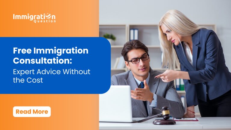 A man and a woman in a professional setting discussing over a laptop, with the Immigration Question logo and a headline stating 'Free Immigration Consultation: Expert Advice Without the Cost.