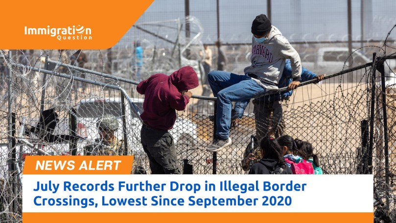 People climbing a border fence, with the Immigration Question logo and a news alert banner stating 'July Records Further Drop in Illegal Border Crossings, Lowest Since September 2020.