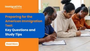 People seated in a classroom setting, taking a written test, with the Immigration Question logo and a headline stating 'Preparing for the American Immigration Test: Key Questions and Study Tips.'