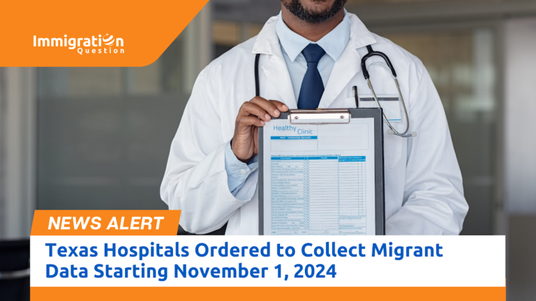 A doctor holding a clipboard with patient records, with the Immigration Question logo and a news alert banner stating 'Texas Hospitals Ordered to Collect Migrant Data Starting November 1, 2024.