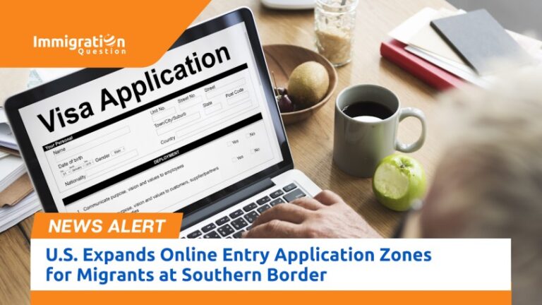 Person filling out a visa application form on a laptop, with the Immigration Question logo and a news alert banner stating 'U.S. Expands Online Entry Application Zones for Migrants at Southern Border.'