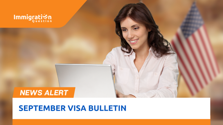 "A woman smiling while looking at a laptop, with an American flag in the background, and a news alert banner reading 'September Visa Bulletin' from Immigration Question."