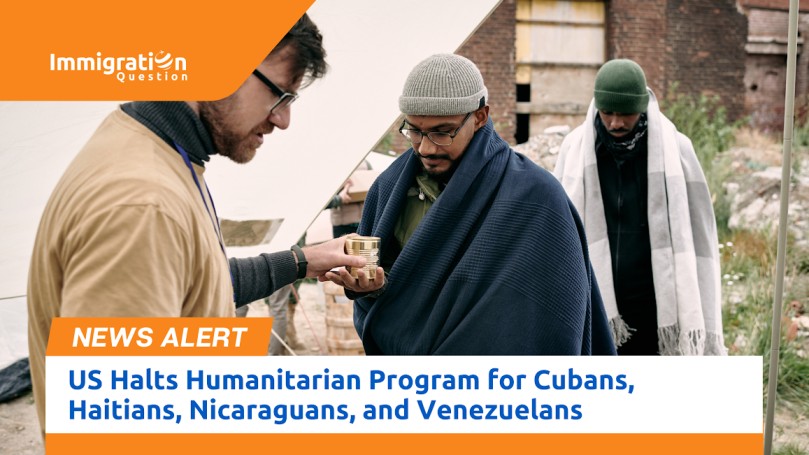 People receiving aid, with the Immigration Question logo and a news alert banner stating 'US Halts Humanitarian Program for Cubans, Haitians, Nicaraguans, and Venezuelans