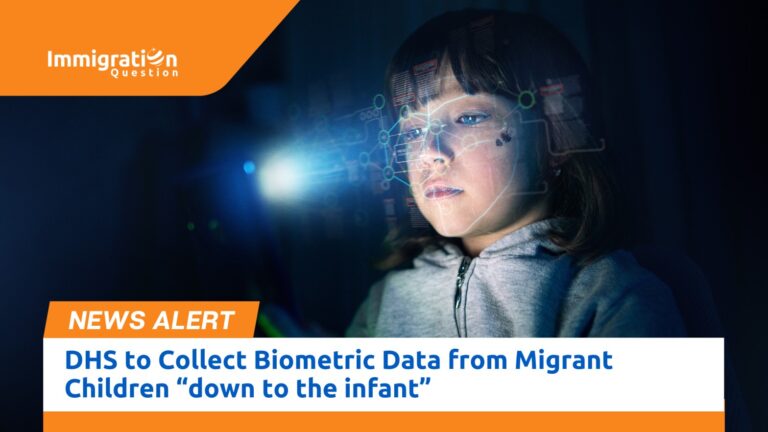 A young child interacting with biometric technology, overlaid with digital data patterns, representing the collection of biometric data by DHS from migrant children.